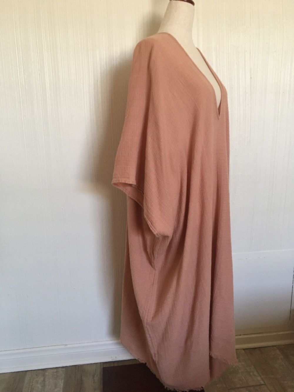 $178 Eileen Fisher Organic Cotton Salmon Pink Plunging Neckline Caftan Dress - Picture 3 of 10